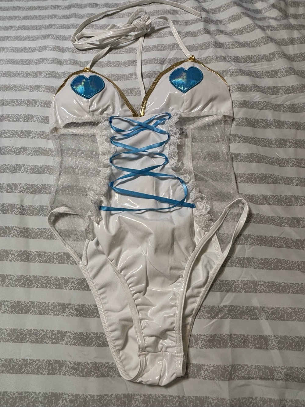 SEXY &  Naughty White and Blue Pleather & Lace
One Piece w/ Accessories